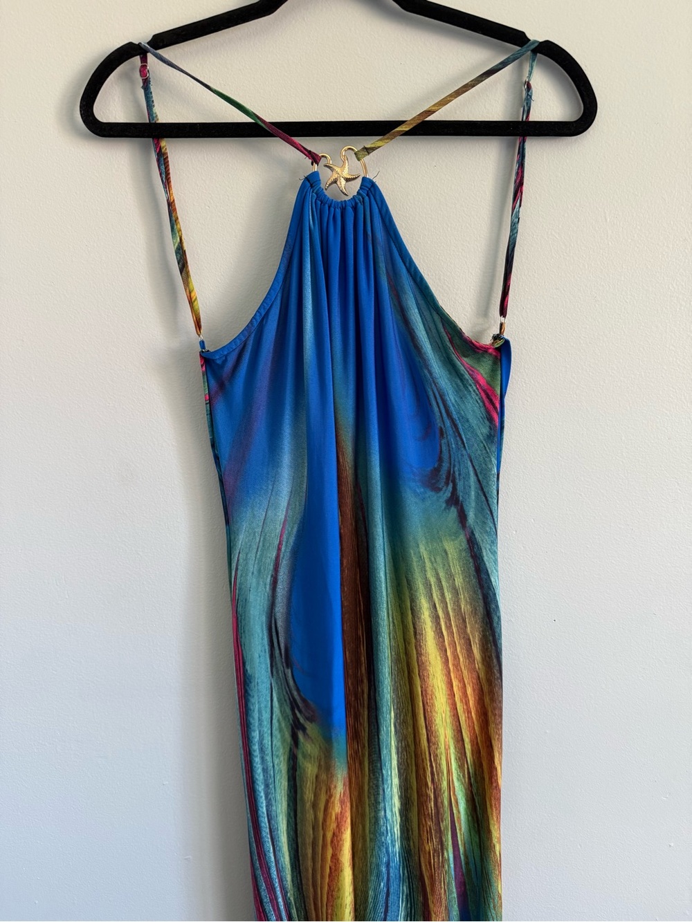 Blue Multicolor Halter Maxi Dress with Gold Accent